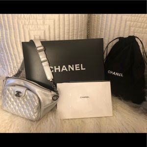 Authentic Chanel Silver Leather Fanny Pack.
